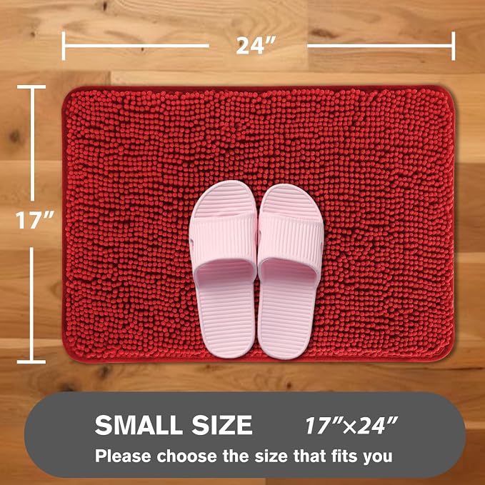 Red Bathroom Rugs – Absorbent and Washable Bath Mat, Non-Slip, Thick Soft Chenille Bath Rugs for Bathroom Floor, Shower - 17" x 24"