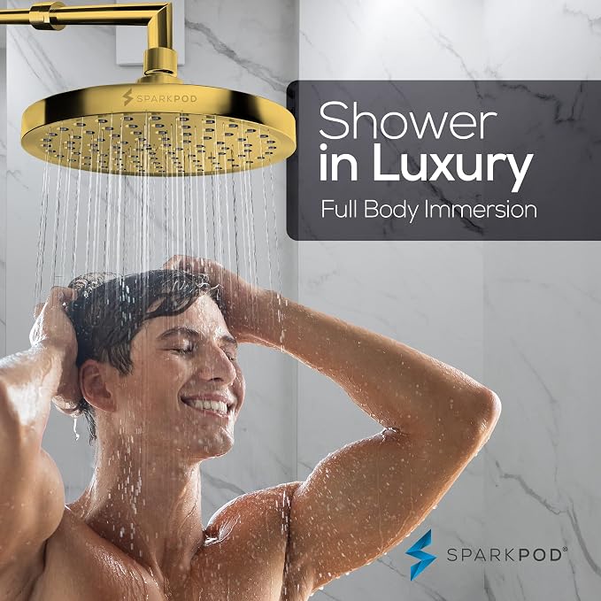 SparkPod Rain Shower Head, 8 Inch Round, Egyptian Gold Finish | High Pressure Shower Heads, 90 Nozzles, Adjustable Showerhead, No Tools Needed, Universal Connection