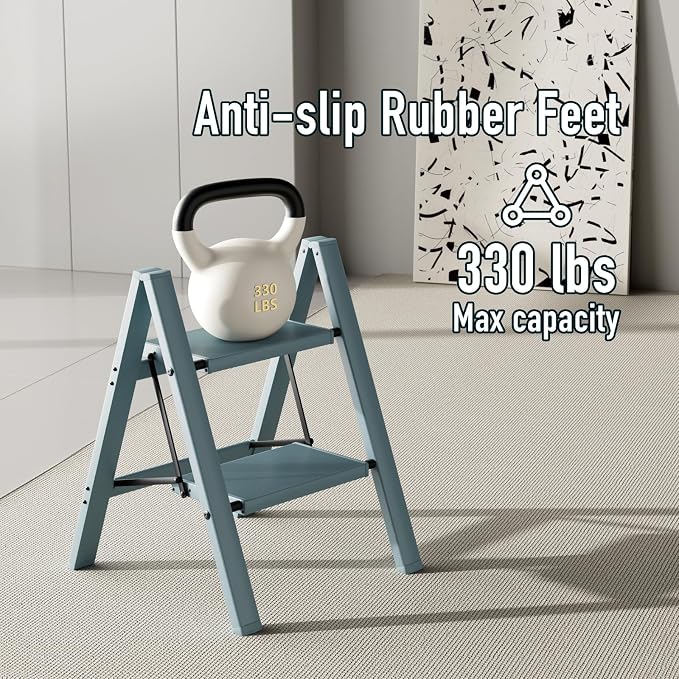 Mayi Plus 2 Step Stool Foldable, Aluminum, Lightweight Step Ladder | Extra-wide anti-slip folding steps with 330 lbs, for home,kitchen,office,outdoor,Blue