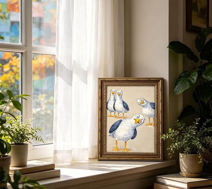 Vintage Gold Framed Funny Seagull Wall Art, Watercolor Cartoon Bird Canvas Print, Whimsical Coastal Wall Decor, Retro Style Funny Bird Poster Artwork,for Bathroom Bedroom Living Room,12x16in