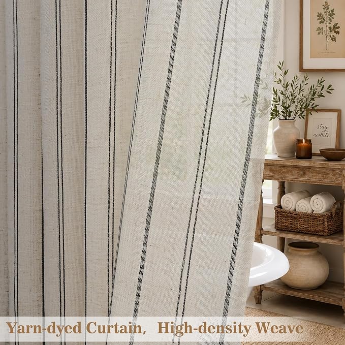 Yinhua Farmhouse Linen Shower Curtain with Ruffle, Black Striped Waterproof Shower Curtains for Bathroom, Country Vintage Bath Curtain with 12 Metal Hooks, Weighted Washable Fabric, 72" W x 84" L