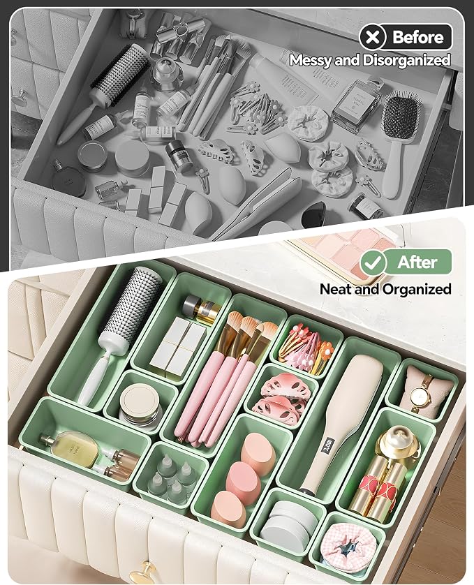 Canfanni 13 Pack Plastic Drawer Organizers Set, 3 Sizes Desk Drawer Organizer Trays for Vanity and Makeup Organizer, Organization and Storage for Makeup, Kitchen Utensils, Bathroom and Office(Green)
