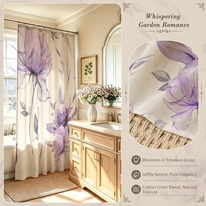 Litabel Farmhouse Purple Floral Linen Shower Curtain, Boho Vintage Spring Cotton Shower Curtains for Chic Elegant Bathroom Decor, Ink Painting Style Blossom Fabric Bath Curtain, 72 x 72