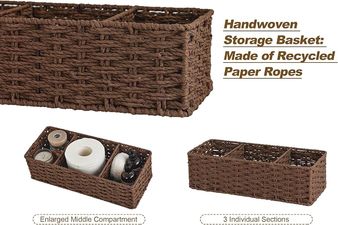 StorageWorks Toilet Paper Basket, Paper Rope Back of Toilet Basket, Walnut | Wicker Basket, Toilet Paper Storage for Back of Toilet Tank, Woven Baskets for Shelves, Wicker Baskets with 3 Compartments