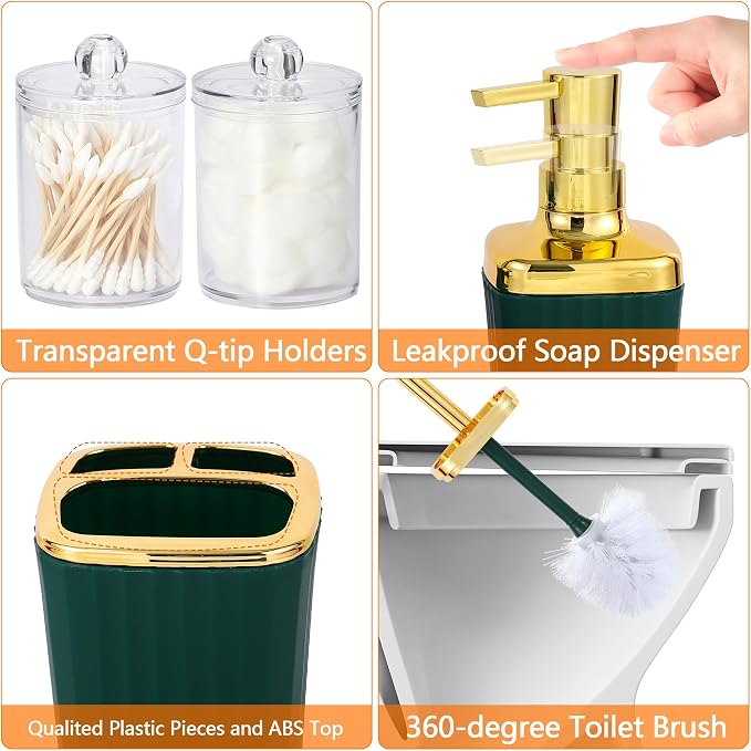 9 PCS DarkGreen Bathroom Accessories Set with Trash Can Bathroom Accessory | All-in-One Kit with Trash Can,Toothbrush Holder,Soap Dispenser,Toothbrush Cup,Vanity Tray,Soap Dish,Toilet Brush etc for Home