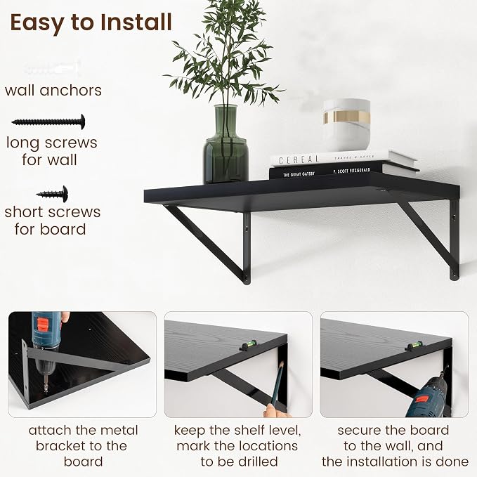 Deep Floating Shelves - 20 Inch Black Floating Shelves Set of 2-12 Inch Deep Wood Wall Shelves for Living Room Bathroom Kitchen