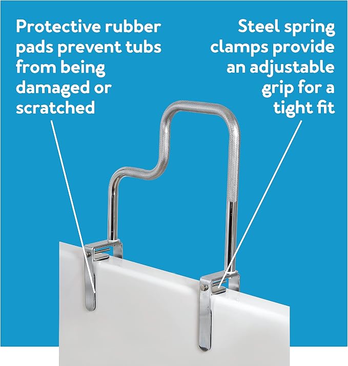 Carex Tri-Grip Bathtub Handle Grab Bar with Chrome Finish, Bathtub Grab Bar for Seniors and Handicap, Detachable Toilet Safety Frame with Handles for Assistance in Getting In and Out of Tub