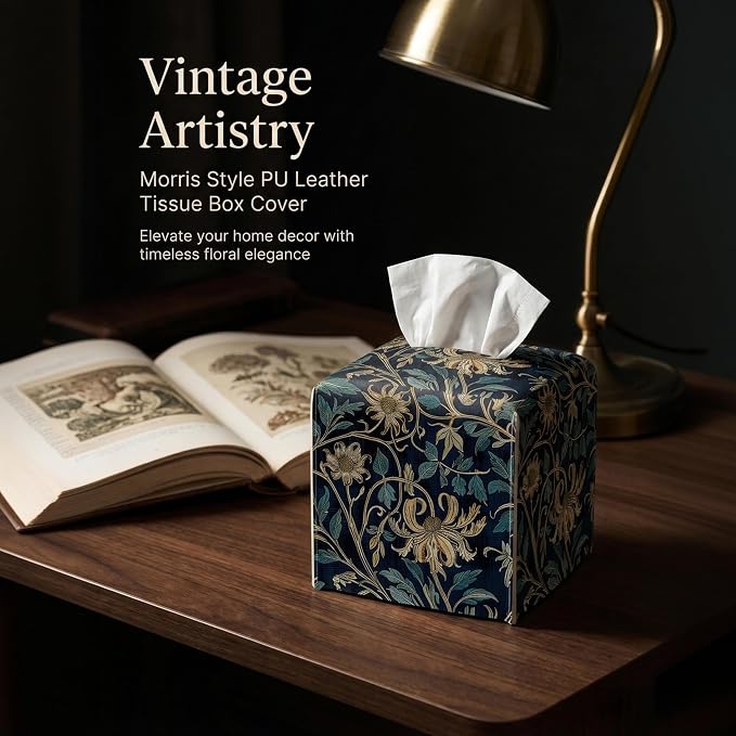 Tissue Box Cover Holder Square - Vintage Boho PU Leather Decorative Organizer, Ethnic Carpet Pattern Design Inspired, with Bottom Belt for Bathroom Car Office Tabletop Home, 5x5 Inch (Golden Flowers)