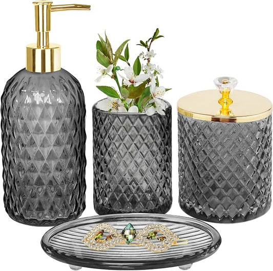 Haturi Glass Bathroom Accessories Set, Smoky Gray Bathroom Set, 4 Pcs | Kit w/ Bathroom Soap Dispenser Set, Toothbrush Holder, Qtip Holder, Vanity Tray, Gray Bathroom Decor, Gift for Home Apartment