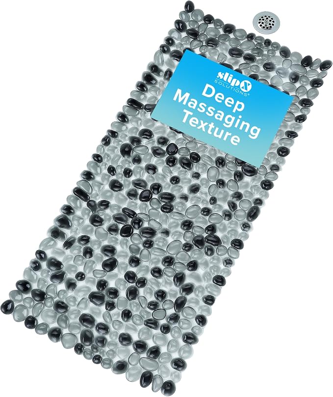SlipX Solutions 38"x17" Pebble Non Slip Mat for Bath & Shower, Dark Gray | Foot Massaging Accupressure Bathtub Mat, River Rock Look, 188 Suction Cups, Machine Washable