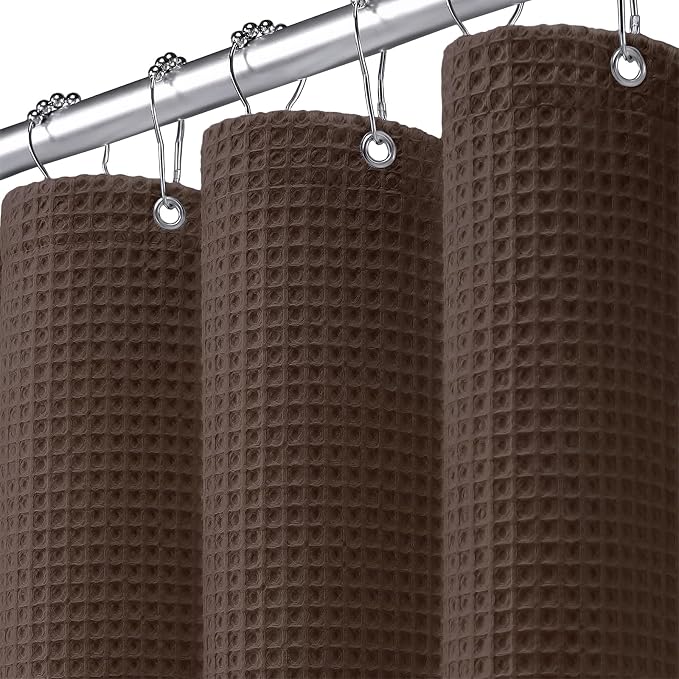 Extra Long Waffle Shower Curtain Heavyweight Cotton Fabric Brown 72Wx90L | Soft Cotton Cloth,3D Square Truely Waffle,Washable, Hotel Luxury Spa, Shower Curtains for Narrow Bathroom 12 Plastic Hooks