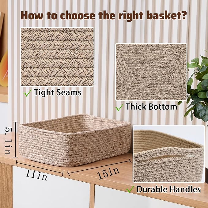 MiniArk Large Shallow Organizing Baskets 15x11x5.1 Inches - Rope Woven Storage Bins for Bathroom, Shelves, Cube Closet, Mixed Brown 4 Packs