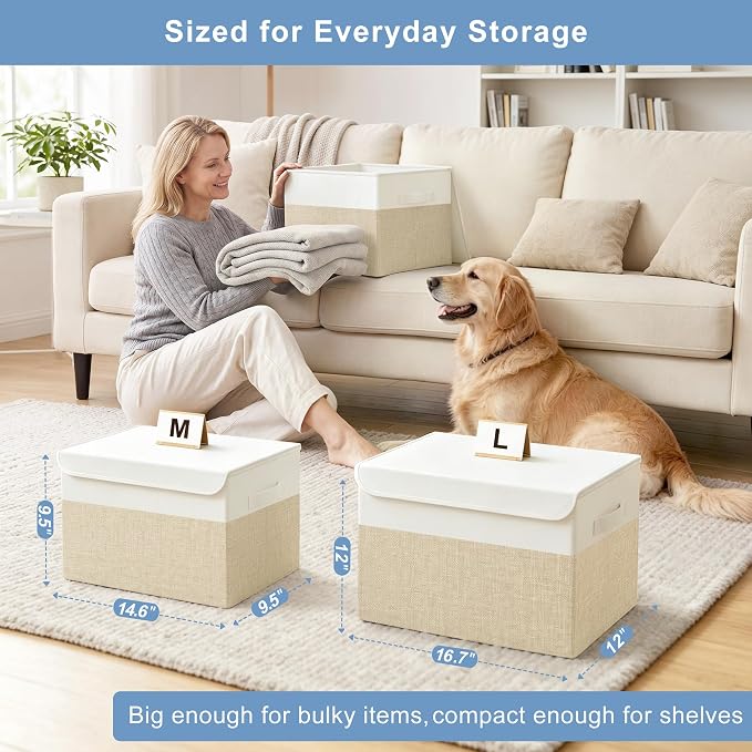 Large 17" 42 Quarts Collapsible Stackable Storage Bins with Lids [3-Pack] Foldable Fabric Linen Storage Boxes Cube, Closet Organizer Baskets with Label (16.7 x 12 x 12, Beige & White)