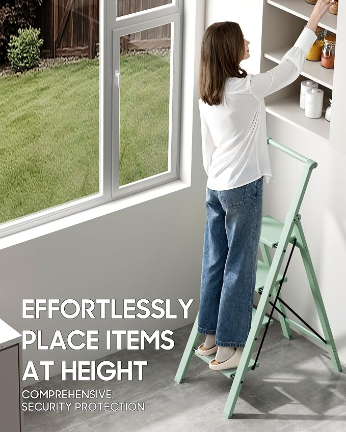 HillhutApex Aluminum 4 Step Ladder, Step Stool Foldable Ladder(Pale Green) | Stepladder with Handgrip,Anti-Slip Pedals,330lbs Capacity,Lightweight Portable Folding Ladder for Home,Office,Libaray