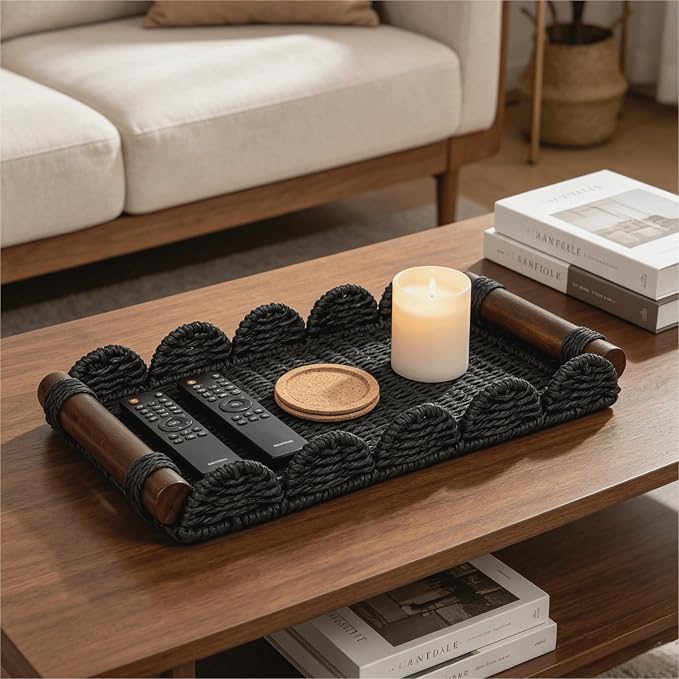 CubesLand Bathroom Toilet Paper Tray Organizer, Scalloped Decorative Tray | Wicker Tray w/Wood Handle for Counter, Shelves, Farmhouse Rustic Home Decor, Coffee Table Decor, Seasonal Decor, Black