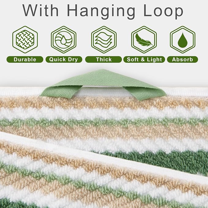 VOOVA & MOVAS Striped Towels 6 Pack, 100% Cotton, Sage Green | Daily Bathroom Use, Available in 13x13, 16x27, 28x52 In, Quick Dry, Soft, Absorbent, Bath Towels with Hanging Loops