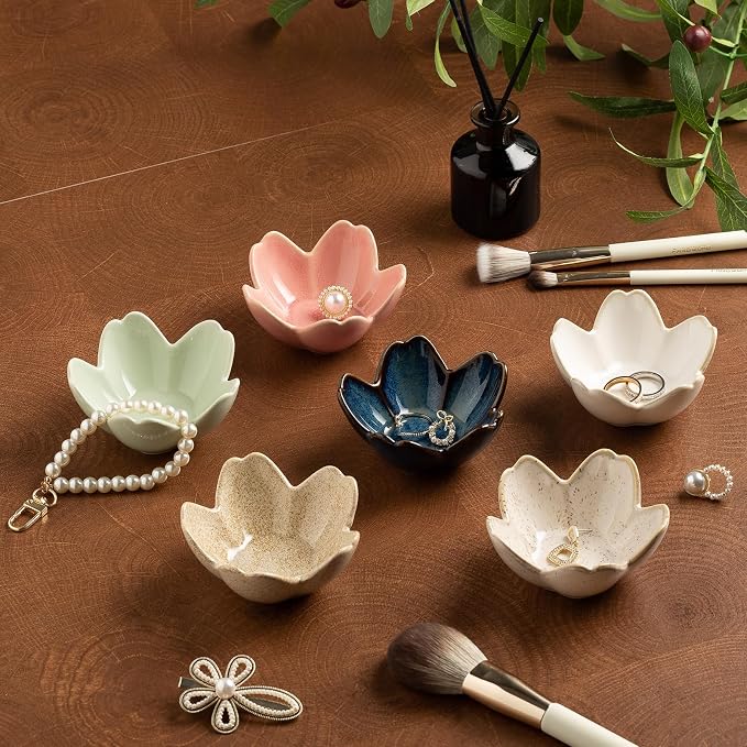 Flower Ceramic Jewelry Dish, Floral Ring Holder Tray | Petite bowl keeps rings, earrings, keys, and keepsakes visible on vanities or dressers, making a sweet gift for women