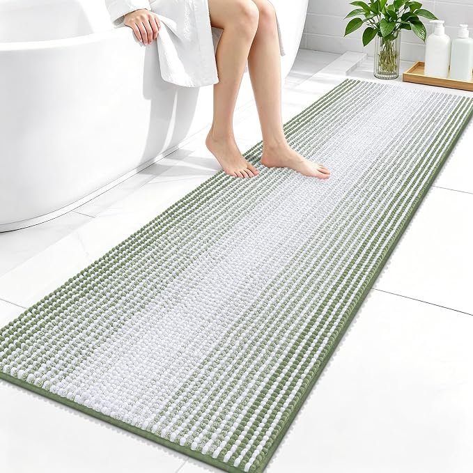 OLANLY Bathroom Runner Rugs 59x20, Chenille Striped Bath Rugs, Sage Green | Extra Soft Absorbent, Rubber Backing, Machine Wash Dry, Bath Mats for Bathroom Floor, Tub and Shower, Home Decor Accessories