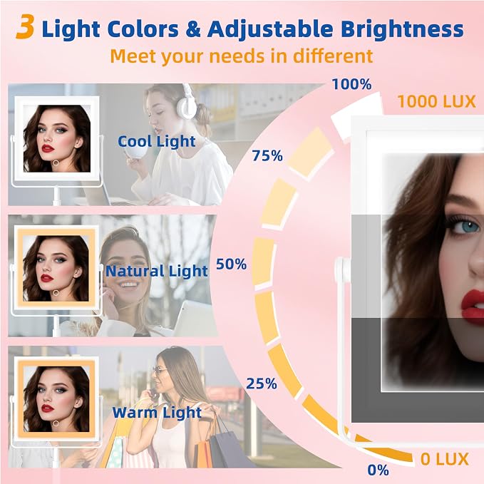 Ruacq Makeup Mirror with Lights 1X/10X Height Adjustable White | 8",4000mAh Rechargeable,Dual Sided Magnifying Vanity Mirror,3 Color Lights,Adjustable Brightness,Square,Gift for Women