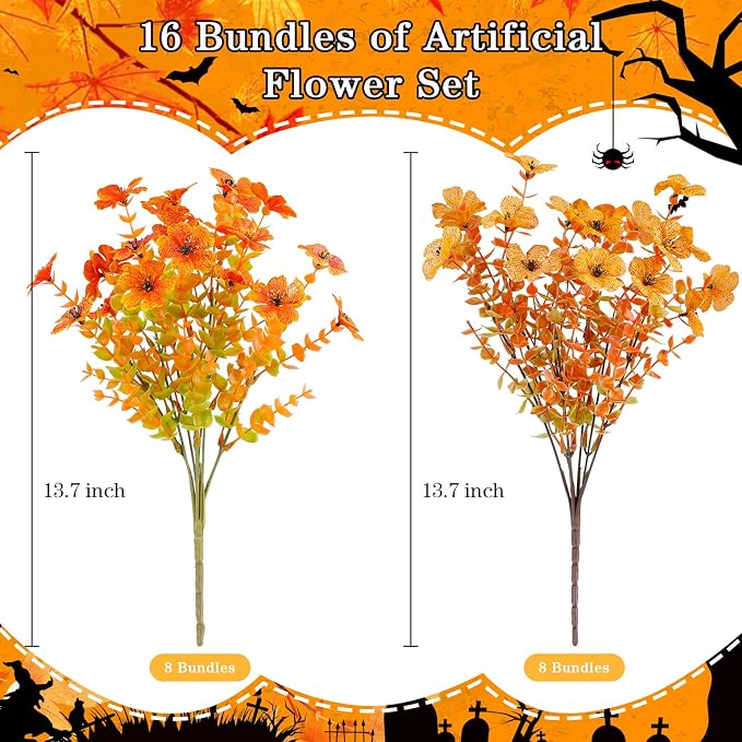 AGIRL Artificial Fall Flowers Fake Mums Outdoor,Faux Plant Porch Decor Home | 16 Bundles,No Fade Autumn Plastic Flowers for Thanksgiving Decoration,Hanging Planters Outside Pottery Barn Garden Patio