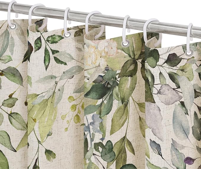 SageGreen Linen Eucalyptus Shower Curtain, Watercolor Floral, 72x78 | Watercolor Plant Leaves Floral Print, Polyester Linen Blend Bathroom Decor, Machine Washable, Rustproof Grommets