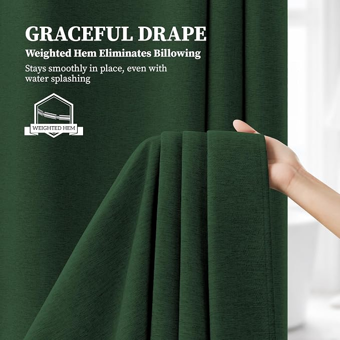 72x78 Linen Textured Waterproof Fabric Shower Curtain, Emerald Green | Long Size, 230GSM Polyester, Heavy Duty Cloth, Weighted Hem, 12 Plastic Hooks, Modern Luxury Hotel Style, Machine Washable