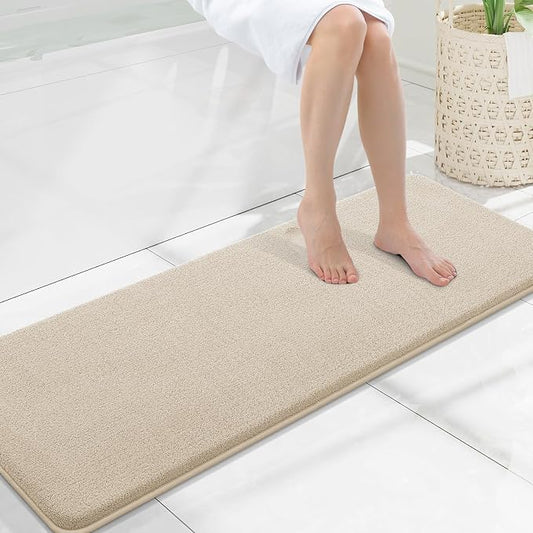 Smiry Memory Foam Bath Mat 47x17, Extra Soft Absorbent Bathroom Rugs | Beige Quick Dry, Machine Washable Bath Mats for Bathroom, Shower, Tub and Home Decor Accessories