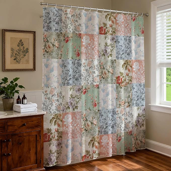 Shower Curtains for Bathroom, Boho Shower Curtain, Vintage Boho Pink Floral Bathroom Decor Bath Curtain, Mid Century Waterproof Retro Farmhouse Patchwork Floral Shower Curtain, 72 X 72 Inches