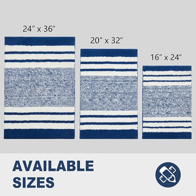 CozeCube Navy Blue Striped 24"x16" Non Slip Washable Bath Mat | For Bathroom, Fluffy Absorbent Microfiber Bath Mats Machine Wash, Stylish Small Aesthetic Bathroom Rugs