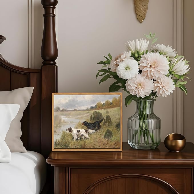 Floating Framed Vintage Hunting Dog Wall Art, Classic Countryside Landscape Canvas Print, English Setter and Gordon Setter Painting, Rustic Farmhouse Wall Decor for Living Room Study Office 8X10 inch