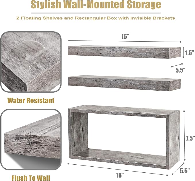 Sorbus Floating Shelves for Wall Set of 3 - Bathroom Shelves for Wall Storage, Over Toilet, Bedroom, Farmhouse, Decor - 2 Floating Shelves with Invisible Brackets & 1 Rectangular Box, Grey