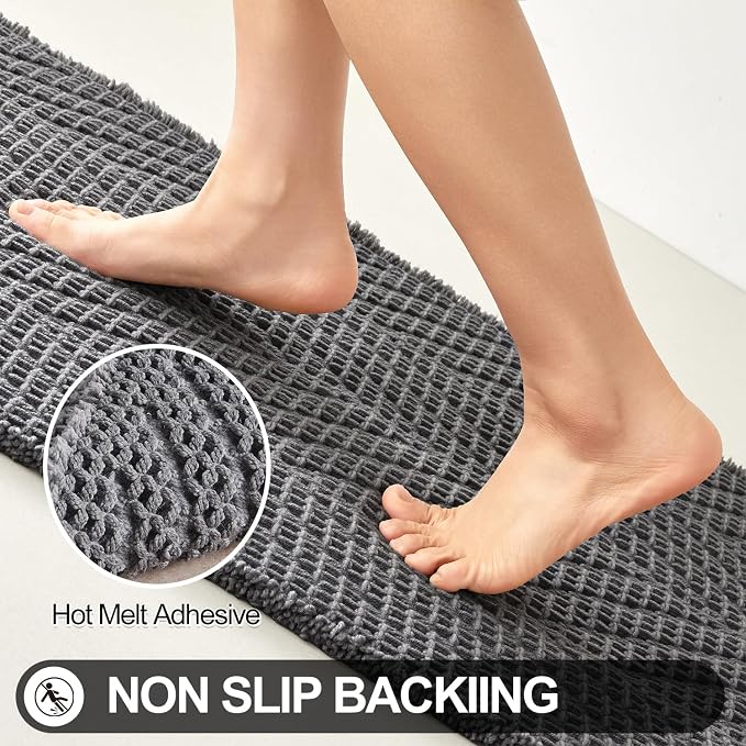 Sunfly Bathroom Runner Rug,Extra Soft Absorbent Waffle Bath Mat Quick Dry & Washable, Grey Boho Runner for Shower Floor Decor 24"x60" Grey