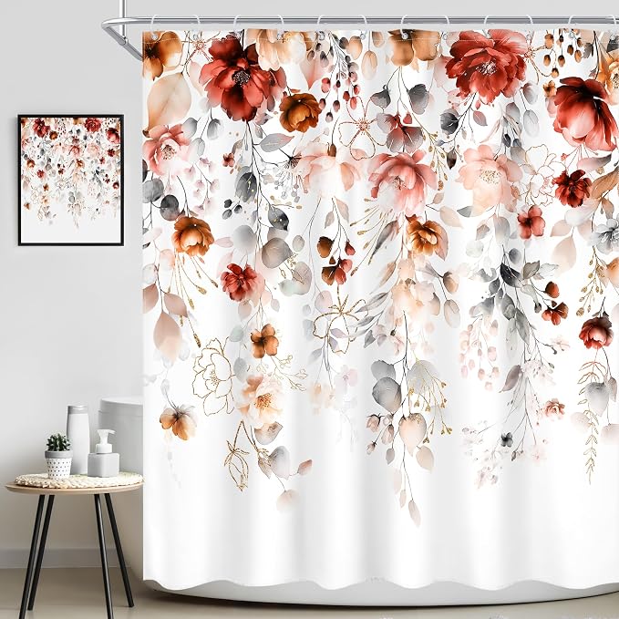 Autumn Fall Floral Red Burgundy Brown Bathroom Shower Curtain Set | 72"W x 72"L Flower Eucalyptus design with waterproof HD artwork, quick-dry fabric and hooks for easy hanging.