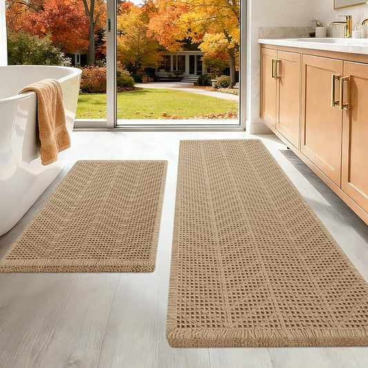 Upgraded Waffle Bath Mat Set 2 Piece Beige-Herringbone, Super Absorbent Non-Slip Quick Dry Bathroom Rugs with Tassels, Machine Washable Ultra Soft Boho Bath Rugs, Toilet Mats Boho Farmhouse Decor