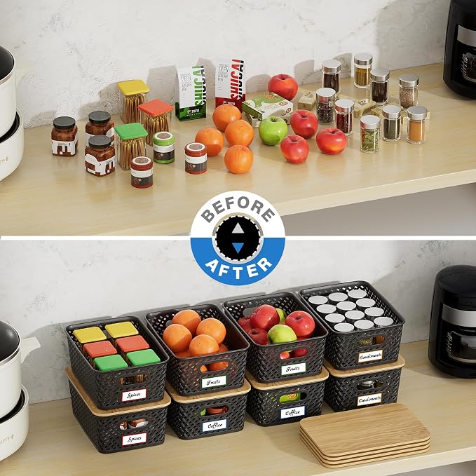 Anysig 8 Pack Plastic Storage Bins with Bamboo Lids, 5.2 QT Stackable Bins | Decorative Small Storage Basket Containers for Organizing Shelves Office Classroom Desktop Closet, Black