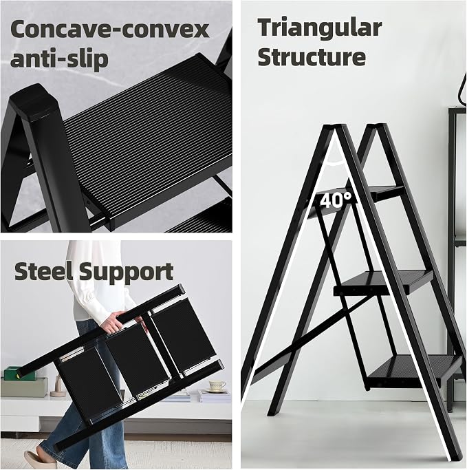 HillhutApex Aluminum Step Stool Foldable,3 Step Ladder (Black) | Lightweight Portable step ladder with Anti-Slip Wide Pedal,330lbs Capacity Ladder for Household,Office,Kitchen