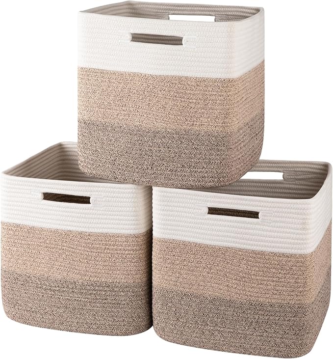 OIAHOMY 13 Inch Cube Storage Bins, 3-Pack Cotton Rope Woven Baskets for Organizing, Insert Storage Baskets for Shelves, Baby Nursery, Closet Organizer, 13 * 13 * 12.6IN, Gradient Brown