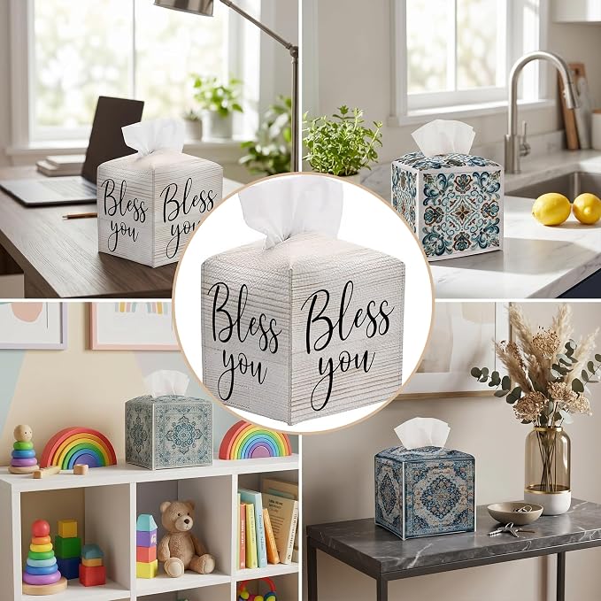 Tissue Box Cover Holder Square - Vintage Boho PU Leather Decorative Organizer, Ethnic Carpet Pattern Design Inspired, with Bottom Belt for Bathroom Car Office Tabletop Home, 5x5 Inch (Beige-bless you)
