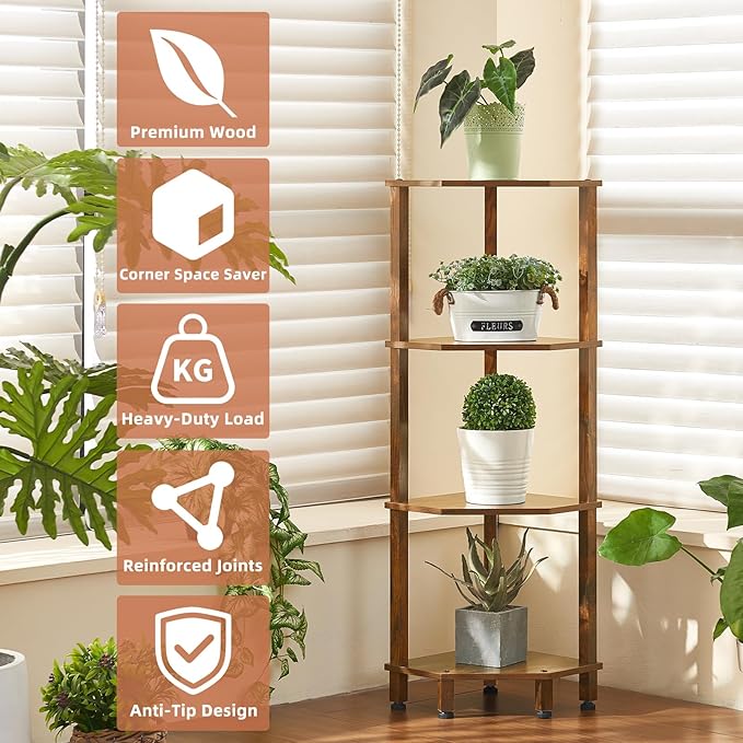 YUFAM 4-Tier Corner Shelf, Brown | Wooden Corner Bookshelf for Small Spaces, Corner Standing Shelf with Sturdy 5-Leg Base