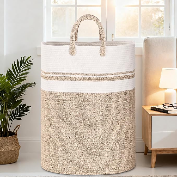 Woven Laundry Basket for Clothes, 50 L Large Rectangle Laundry Hampers with Beads Tassel, Nursery Storage Basket for Toys, Tall Dirty Clothes Hamper for Bedroom Aesthetic, Laundry Room Organization