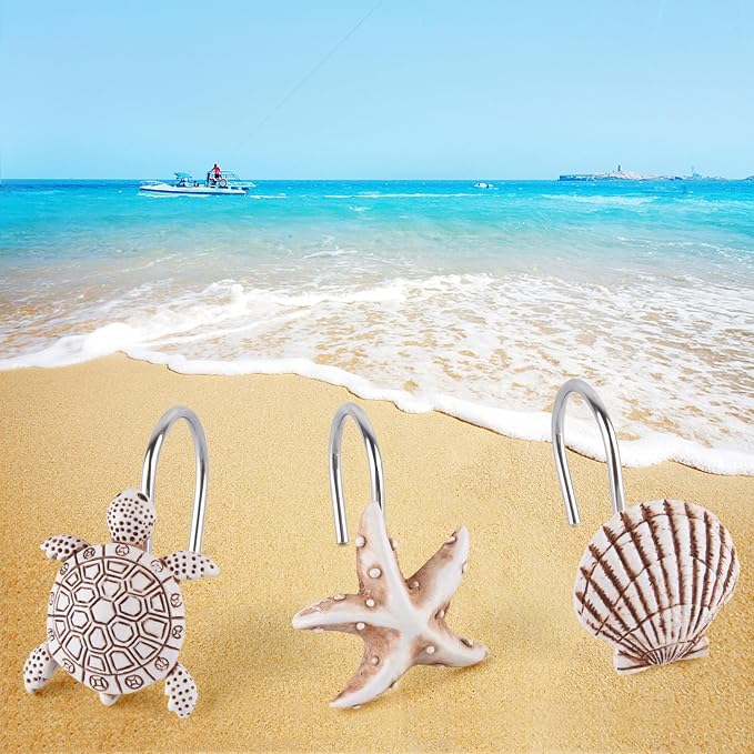 Decorative Shower Curtain Hooks,12Pcs Seashell Turtles Shower Curtain Rings | Ocean Shower Curtain Hangers Theme Bath Shower Hooks Decor for Beach Ocean Themes
