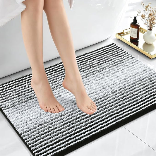 OLANLY Small Bathroom Rugs 24x16, Soft Chenille Striped Bath Rugs, Black | Extra Absorbent, Rubber Backing, Machine Wash Dry, Bath Mats for Bathroom Floor, Tub and Shower, Home Decor Accessories