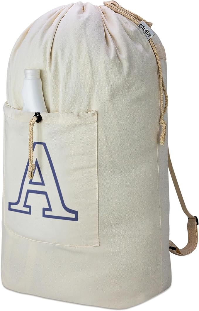 Laundry Bag Backpack Personalized Initial Design Canvas Laundry Bag with Straps & Drawstring Closure Dirty Cloth Hamper Bag for College, Travel, Laundromat, Camping (Letter A)