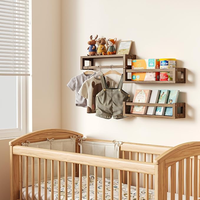 3Pack Nursery Book Shelves, Solid Wood Floatingshelf for Wall, Walnut Brown | Durable Wall Mounted Shelves, Spacious Display Space for Books, Photos, Bedroom, Living Room and Spice Rack & Decor