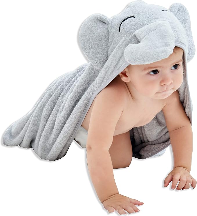 HIPHOP PANDA Ultra Soft Hooded Baby Towel - 2-Layer Thick 500GSM Absorbent | Rayon Made from Bamboo, Hooded Bath Towel for Newborn, Infant, Toddler, Baby Registry - Grey Elephant, 30x40 In