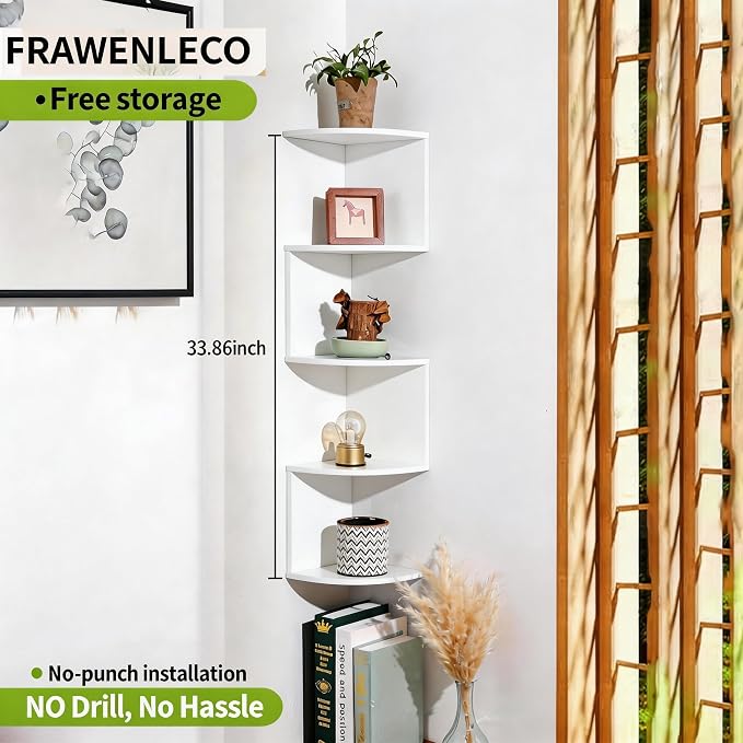 No-Drill Modern Corner Shelf Wall Mount, 5-Tier Floating Storage Rack, Corner Bookshelf with Hooks, Space-Saving Zigzag Plant Shelf for Bedroom, Living Room, Bathroom, Home Office(White)