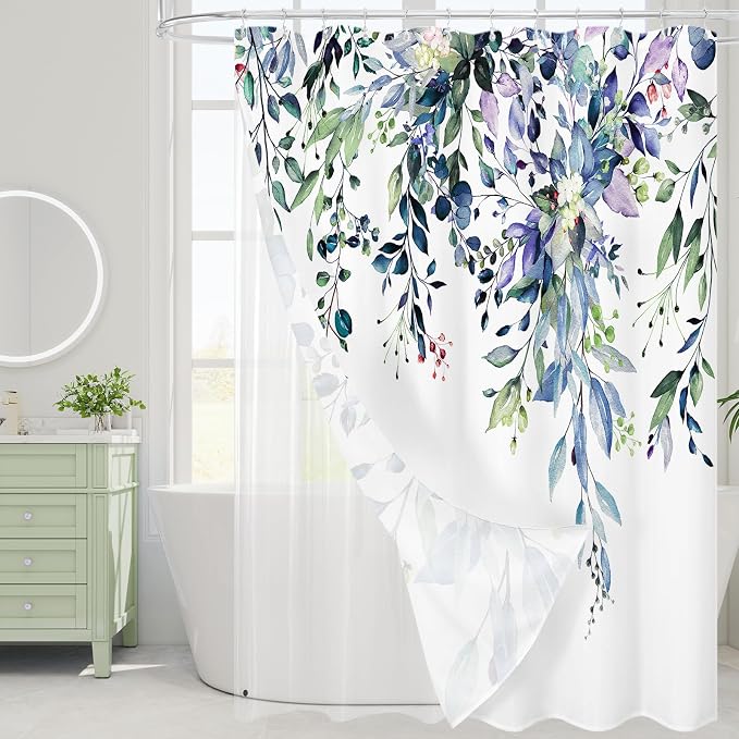 3 in 1 Shower Curtain Set, Green Eucalyptus Curtain 72x72 | Bath Curtain and PEVA Liner Set with 12 Metal Hooks, Waterproof Fabric Bathroom Decor, Machine Washable, Rustproof Grommets