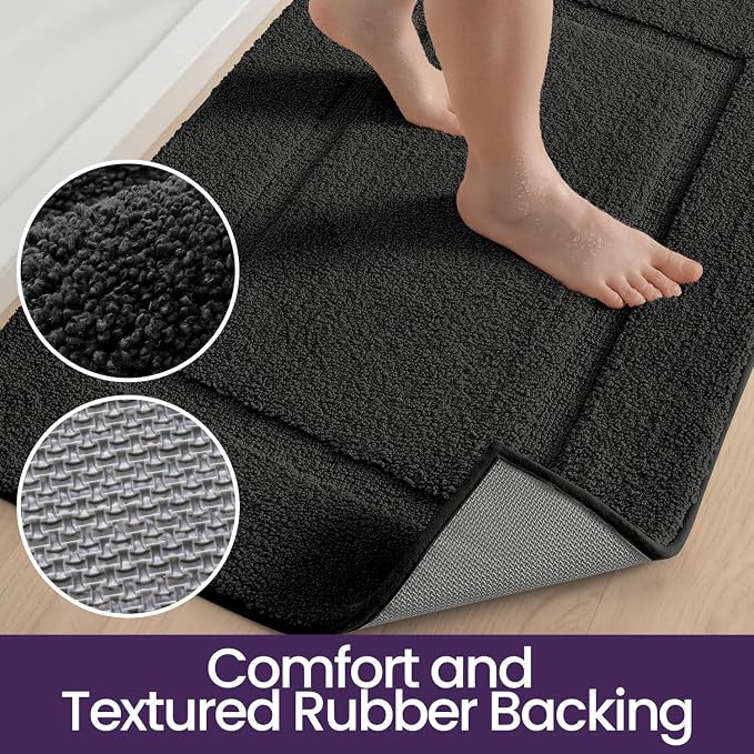 DEXI Bath Mat 43x24, Absorbent and Non Slip Bathroom Rugs, Black | Soft Plush Microfiber Bathmat, Machine Washable & Quick Dry, Rubber Back Rug for Shower, Tub, Sink