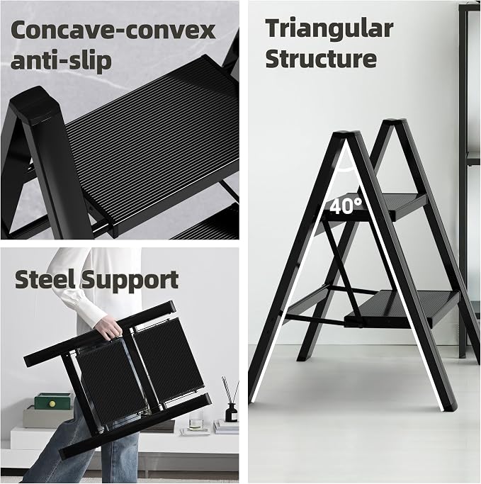 HillhutApex Aluminum Step Stool Foldable,2 Step Ladder (Black) | Lightweight Portable step ladder with Anti-Slip Wide Pedal,330lbs Capacity Ladder for Household,Office,Kitchen