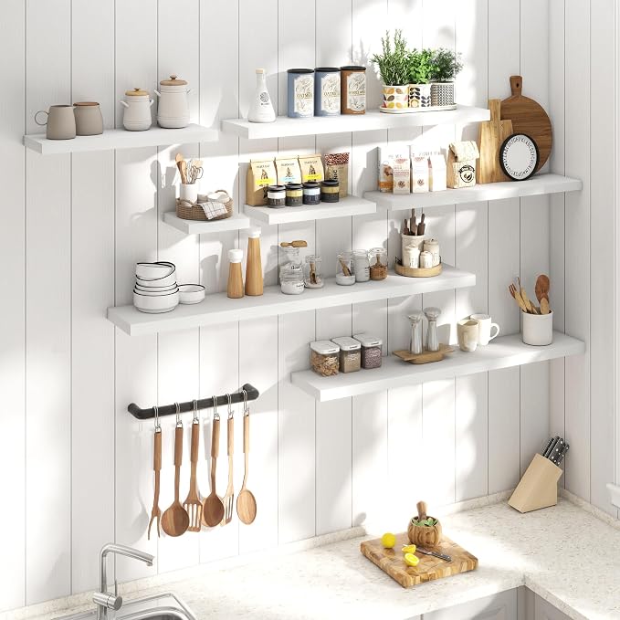 48 Inch Floating Shelves for Wall 2 Pack, 8"D Wood Grain Bathroom Shelves | Invisible Brackets, White Finish, Easy Install | Engineered Wood Storage Shelves for Kitchen, Study, Bedroom